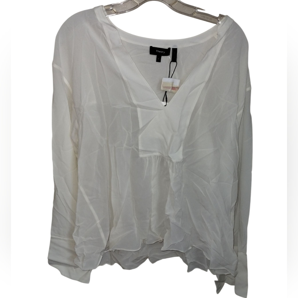 Theory Matara Silk Blouse L Ivory Bell Cuff NWT